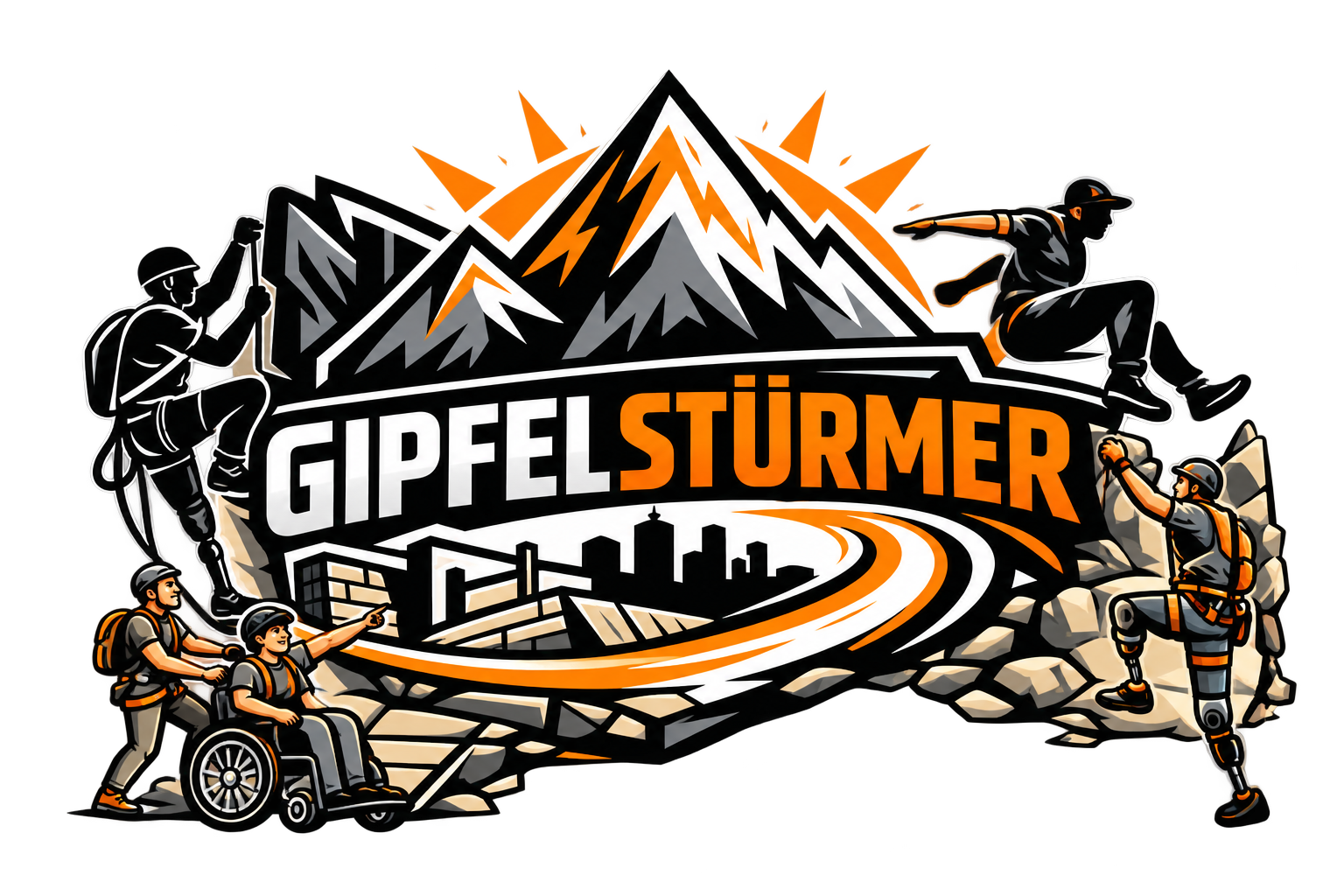 Gipfelstürmer-Logo mit Berggipfeln, Kletternden und orange-schwarzer Wortmarke